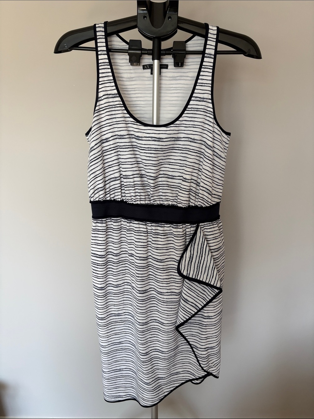 Armani Exchange Striped Sleeveless Ruffle Dress in navy and white Size 6
